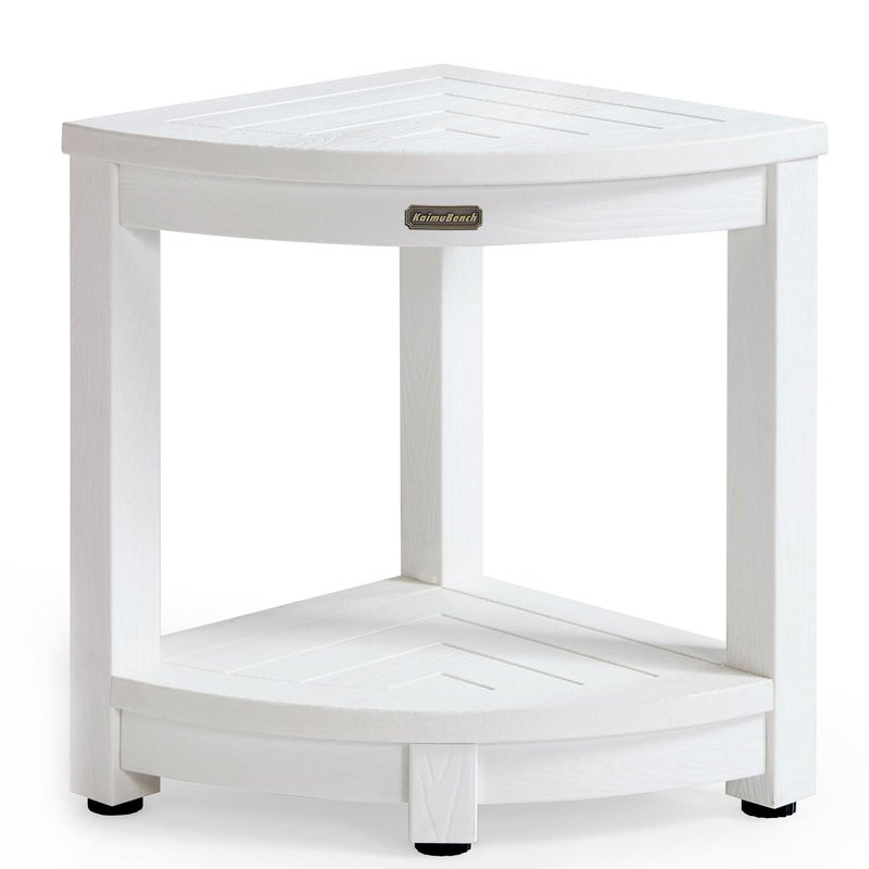 KaimuBench Corner Shower Stool for Inside Shower Waterproof, Poly Lumber Bathroom Shower Corner Bench Seat, Plastic Shower Chair Seat, Shower Shaving Foot Rest with Adjustable Feet, Non-Slip, White