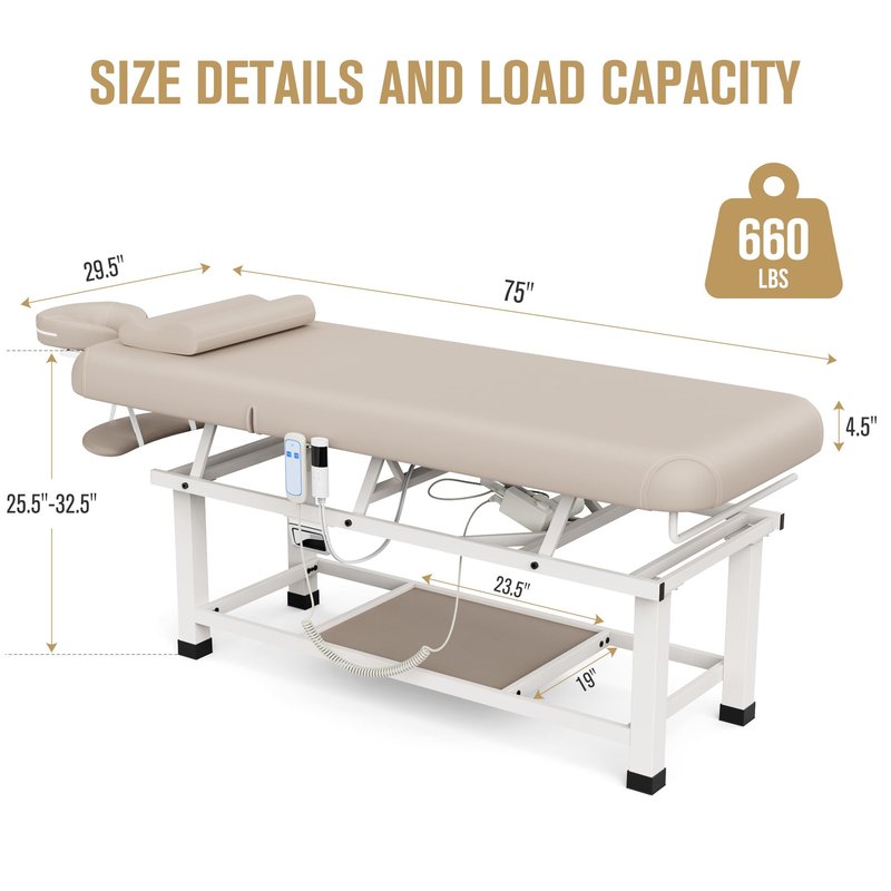 pouseayar Heating Function Heavy Duty Electric Stationary Massage Table with Backrest Adjustable and Storage Space for Treatment/Medical Spa/Facial/Beauty/Massage Bed - 30 x 75 - Beige Gray