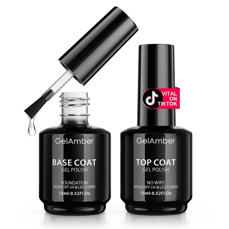 Gel Top Coat & Base Coat Set - 15ml No Wipe Gel Polish Kit for High Gloss Shine | Long-Lasting Nail Art