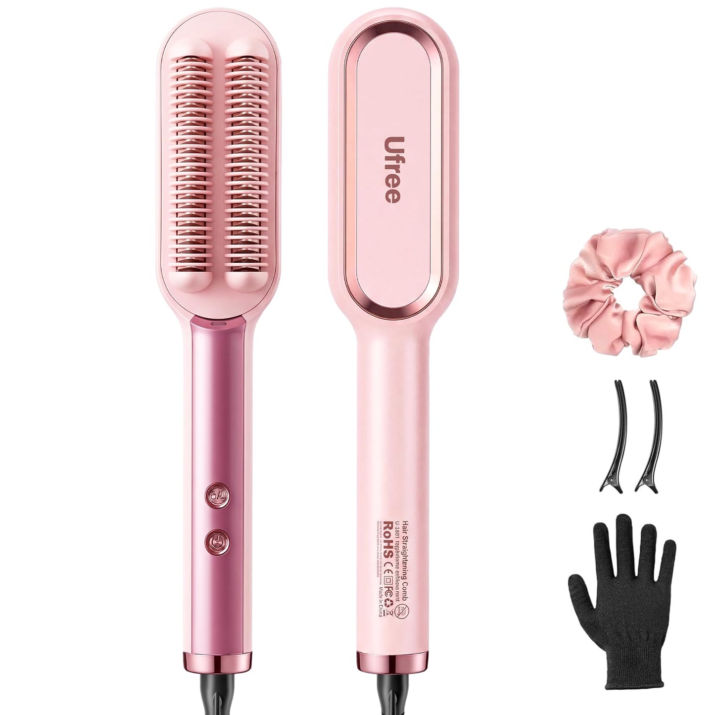 Ufree Negative Ions Hair Straightener Brush, 9 Fast-Heating Temp Settings with LED Display, Ionic Straightening Hot Comb for Women, Professional Styling Tool for Silky Shine, Dual Voltage