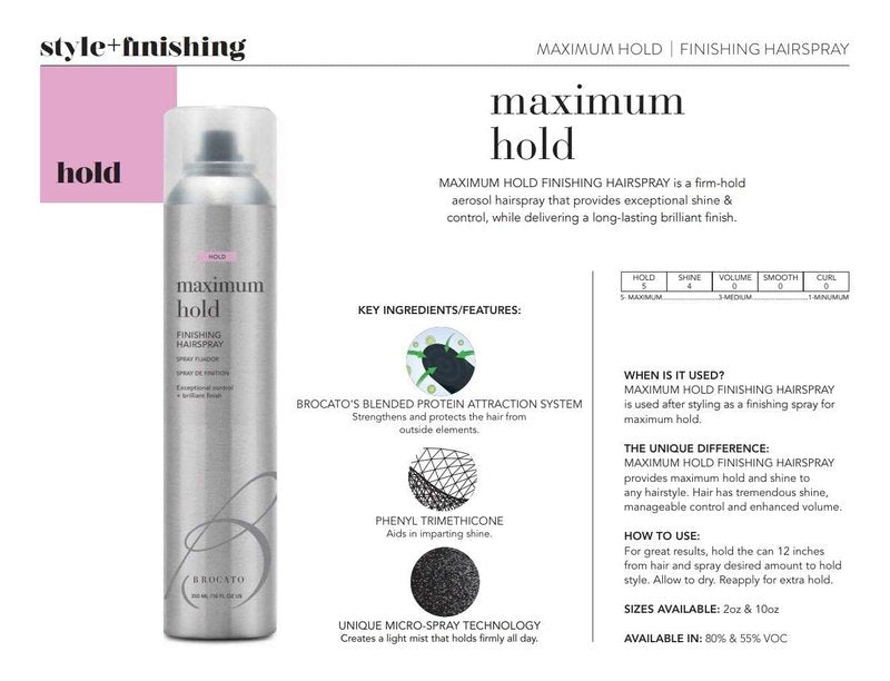 Brocato Maximum Hold Finishing Hairspray (50% VOC), 10oz | Exceptional Control and Brilliant Finish | For All Hair Styles