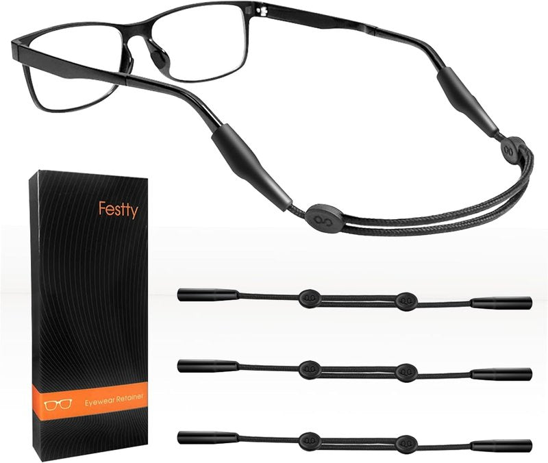 Festty Eyeglasses Strap - Adjustable Sports Lanyard for Kids & Adults | 3-Pack, Black