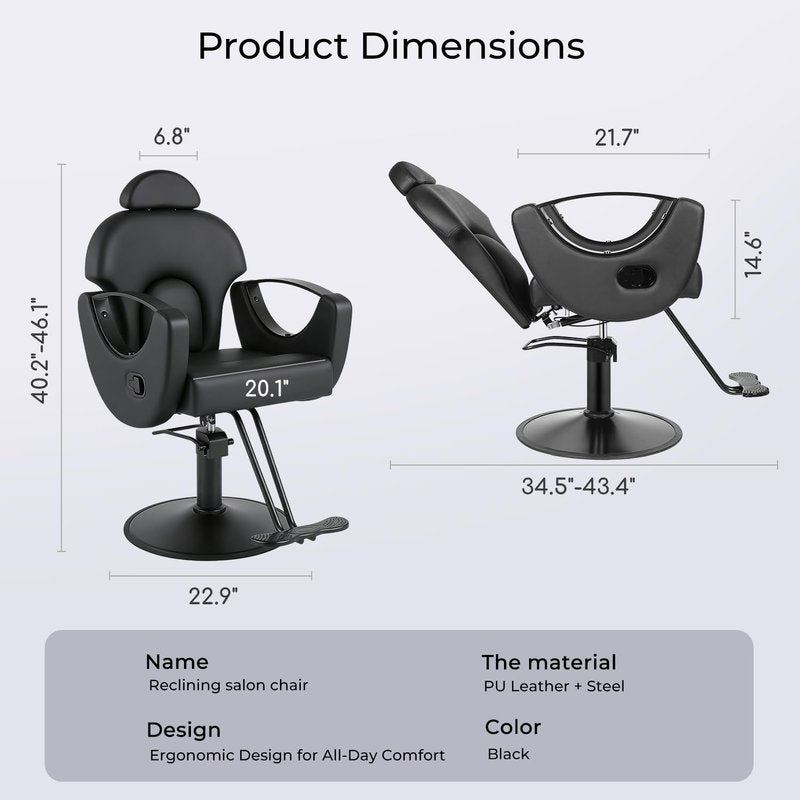 AWEPOPI Salon Barber Chair for Hair Stylist, Reclining Salon Chair with 360° Swivel, Adjustable Height, Heavy Duty Hydraulic Hair Chair for Beauty Spa Equipment, Shampoo, Tattoo, Matte Black