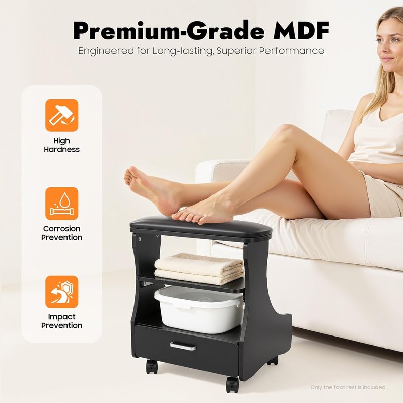 Pedicure Foot Rest - Lockable Wheels, Removable Shelf & Drawer | PU Cushion Beauty Stool for Home Salon