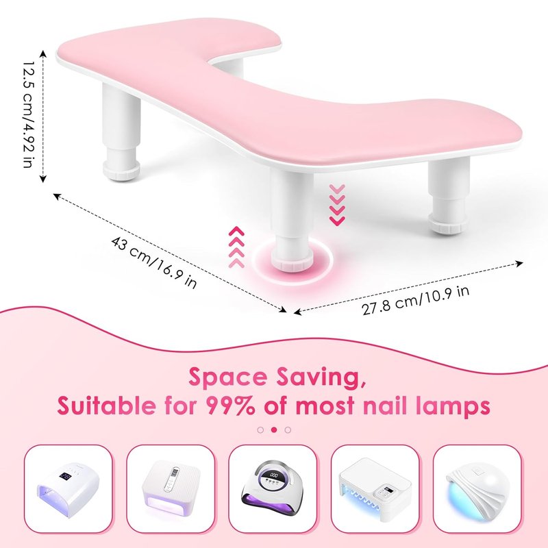 Manicure Arm Rest for Nails Tech: U-shaped Adjustable Nail Armrest - Pink PU Leather Hand Stand Rest for Manicurists