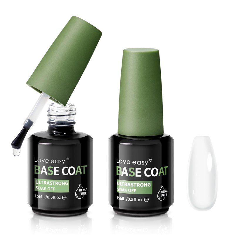Love Easy Base Coat Gel Polish Set for Nails, 2 Pack Clear Crystal Strengthen Apex Building Enhance Reinforce, Long Lasting 28+ Days, Safe Formula Protect Uneven Thin Damaged Weak Nail（U V Lamp Cured）