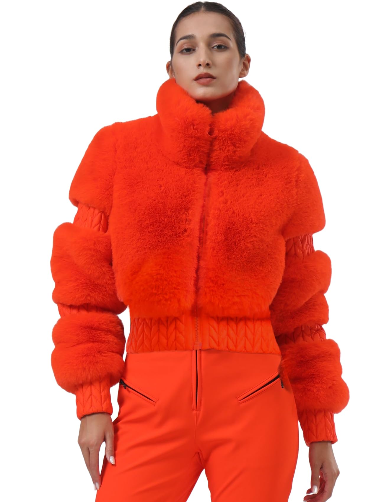 GSOU SNOW Women Ski Jacket Faux Fur Snowboard Coat Snow Cropped Jacket Winter Outdoor Warm