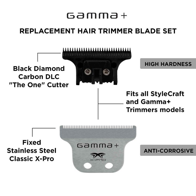 GAMMA+ Replacement Fixed Classic X-Pro Blade Stainless Steel with Black Diamond Carbon DLC The One Cutting Trimmer Blade Set