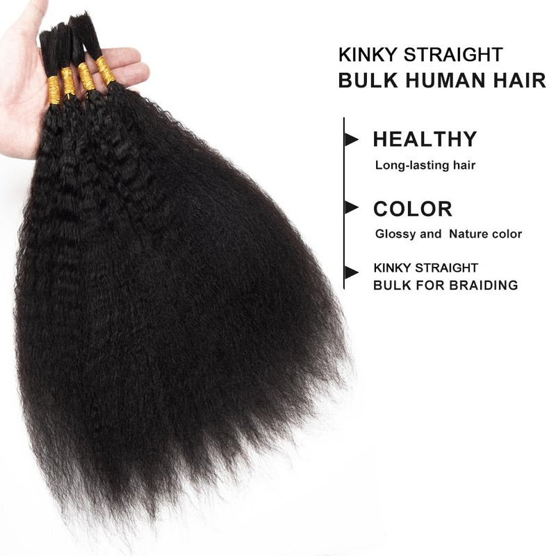 Kinky Straight Human Braiding Hair - No Weft Yaki Bulk Hair for Boho Braids | 14 Inch Natural Black, 100g (4PCS)