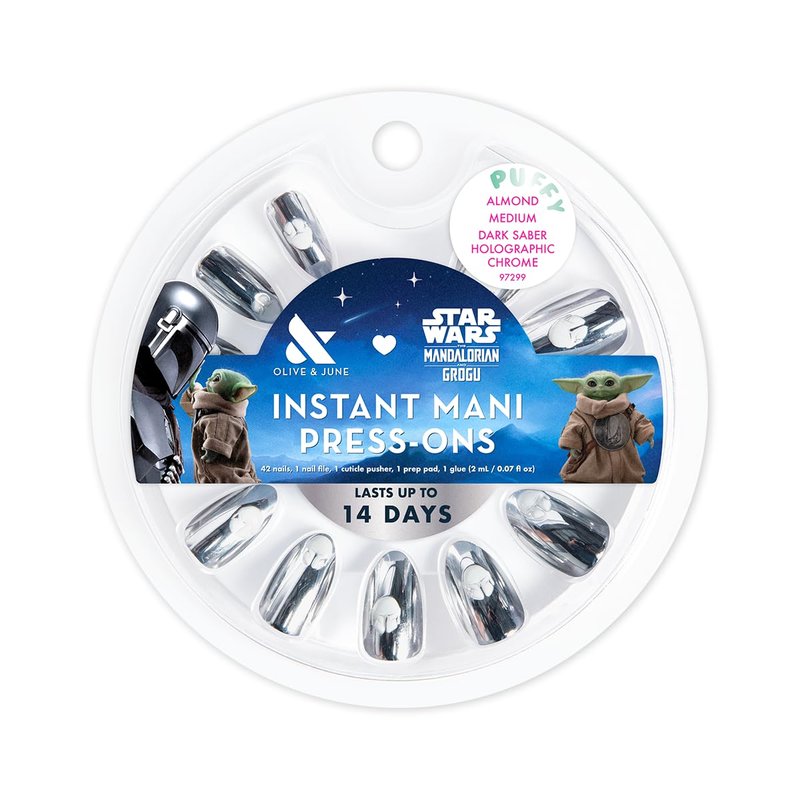 Olive & June Instant Mani Press-On Nails (Glue) | Star Wars: The Mandalorian & Grogu | 42 Fake Nails, 21 Sizes | Non-Toxic, Long-Lasting Up to 14 Days | Medium, Almond | Dark Saber Holographic Chrome