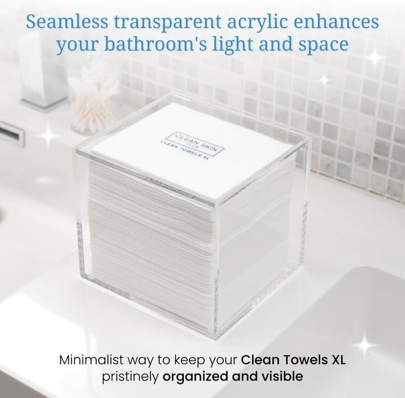 Clear Acrylic Box for Clean Towels - XL Bathroom Storage Container for 50 Disposable Face Towelettes | Organize Cleansing Wipes