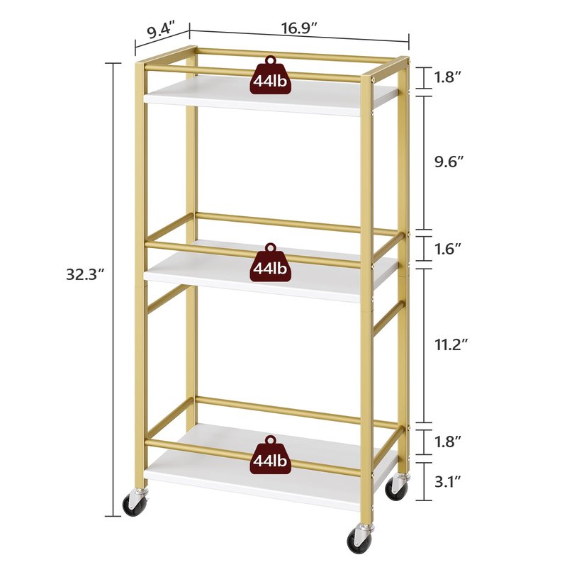 MAHANCRIS Bar Cart for The Home, 3-Tier Drink Cart on Wheels, Home Bar Serving Cart, Mini Bar Cart for Small Space, Rolling Kitchen Carts for Bar, Kitchen, Dining Room, Gold RCJW4001