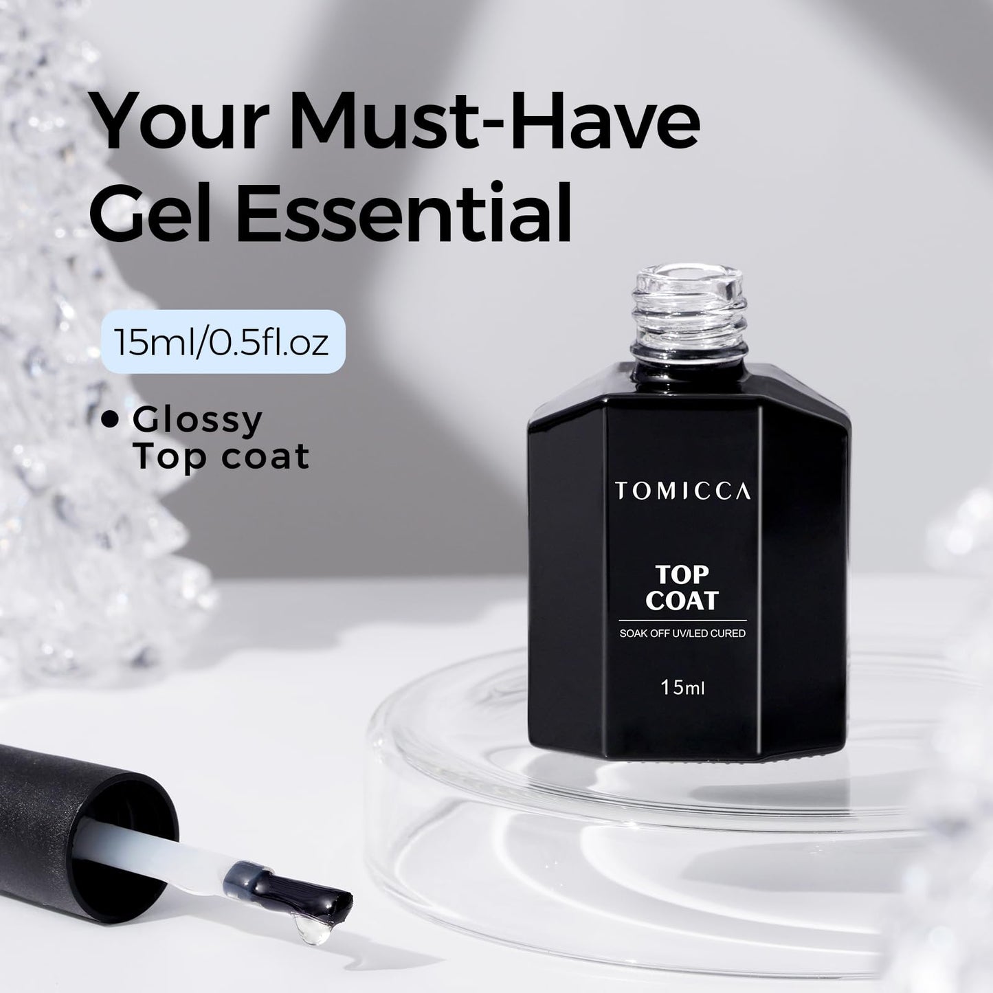 TOMICCA No Wipe Top Coat,15ml Crystal Glossy Gel Top Coat, Soak Off UV LED for Cure Long Lasting High Gloss Clear Top for Nails DIY Manicure Salon Gift for Woman