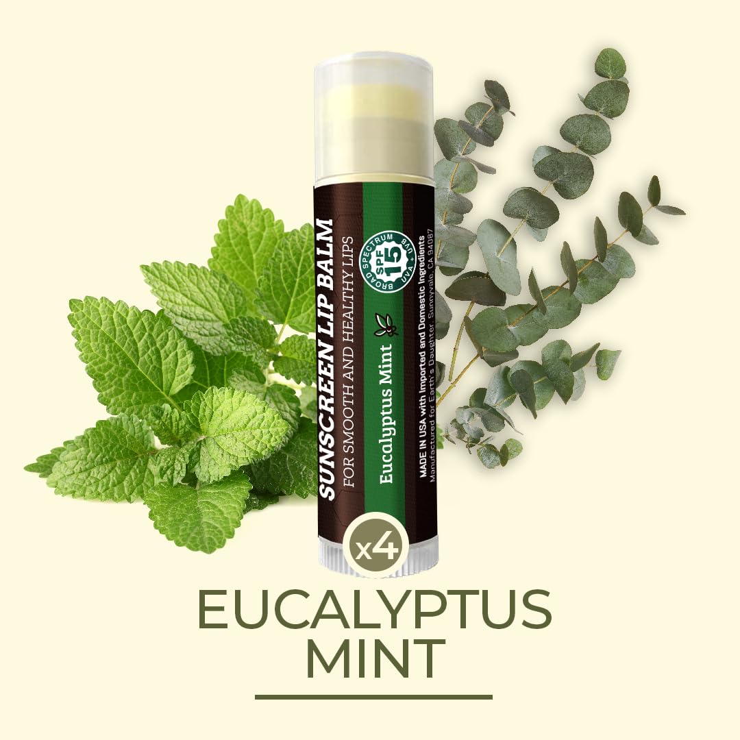 Earth's Daughter SPF Lip Balm Eucalyptus Mint 4-Pack - Lip Sunscreen, SPF 15, Organic Ingredients, Beeswax, Coconut Oil, Vitamin E - Hypoallergenic, Gluten Free