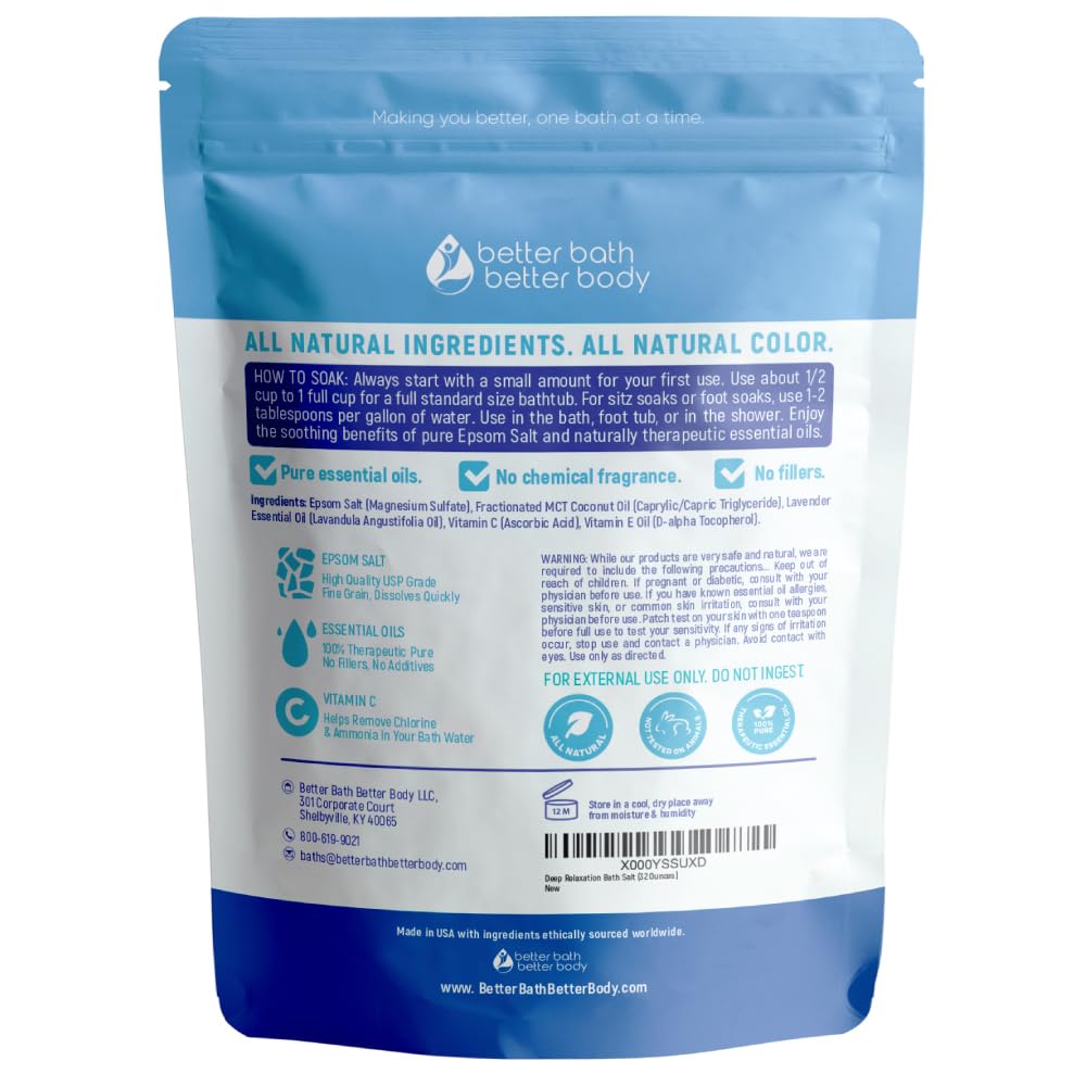 Deep Relaxation Bath Salt 32 Ounces Epsom Salt with Natural Lavender Essential Oil Plus Vitamin C in BPA Free Pouch with Easy Press-Lock Seal