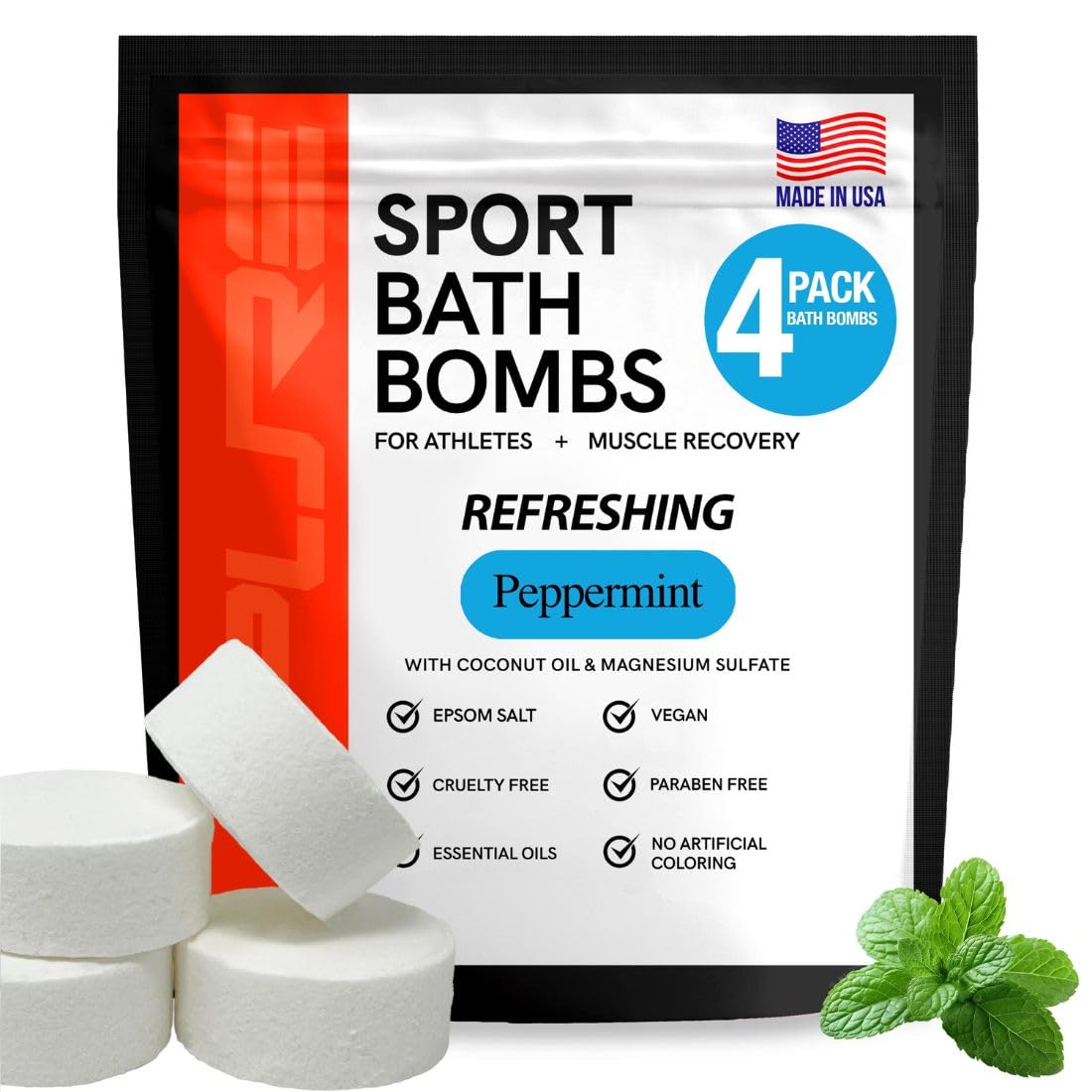 Pure Sport Peppermint Bath Bombs - Magnesium Epsom Salt and Natural Essential Oils for Soaking, Birthday Gifts for Runners, Post Workout Muscle Recovery Soak for Athletes, USA Made
