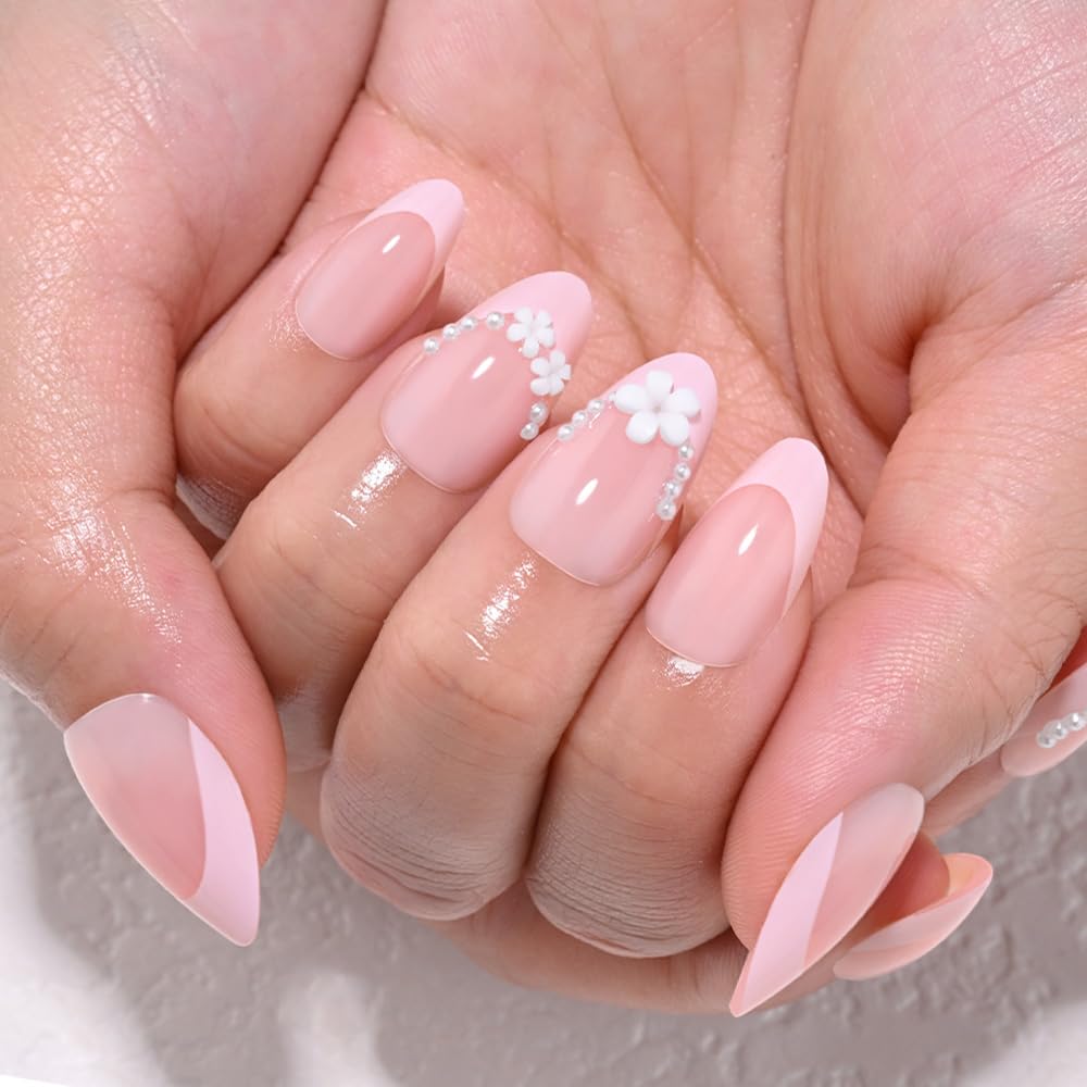 XZMeiLun Summer Pink French Tip Press On Nails, Short Almond Shape with 3D Pearl & White Flower Design, Reusable Salon-Quality Acrylic Fake Nails, Stick-On Nails for Women & Girls (No Glue Included)