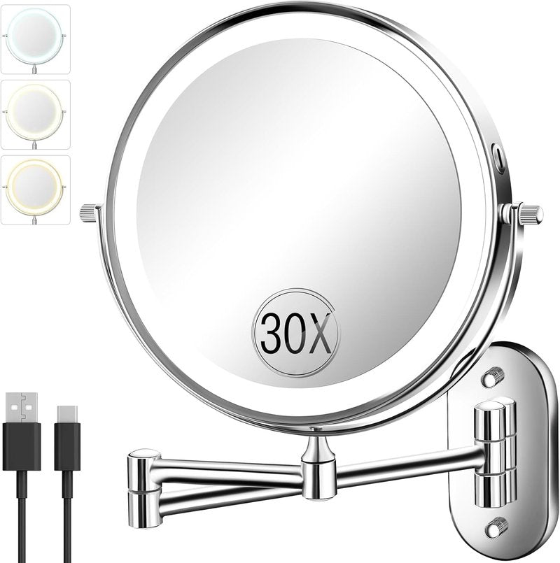 Skiennix 30X/1X Wall Mounted Makeup Mirror - 8'' Double-Sided, Rechargeable, Touch Dimmable, 360° Rotation