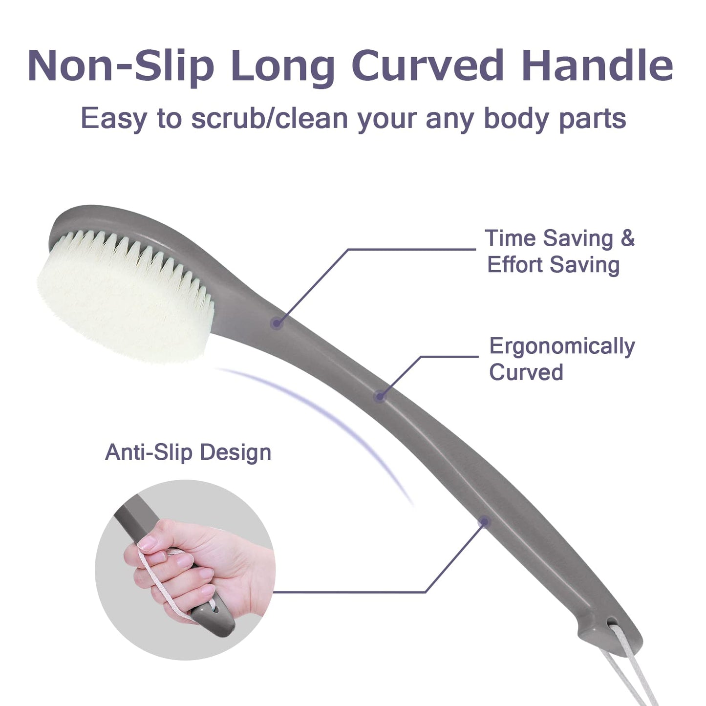 ROLIZOE Bath Brush Long Handle for Shower, Soft Bristle Back Scrubber for Shower, Ergonomics Curved Long Handle Back Brush Exfoliating Body Scrubber with Hook and Lanyard-Grey