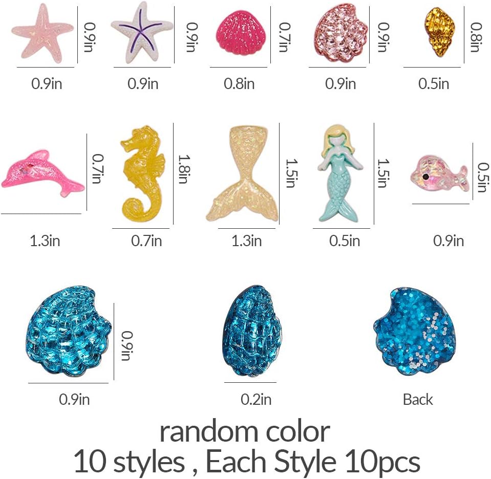SUNNYCLUE Ocean Theme Resin Cabochon Charms - 100Pcs Mixed Mermaid Tail, Starfish & Dolphin Beads for DIY Jewelry Making