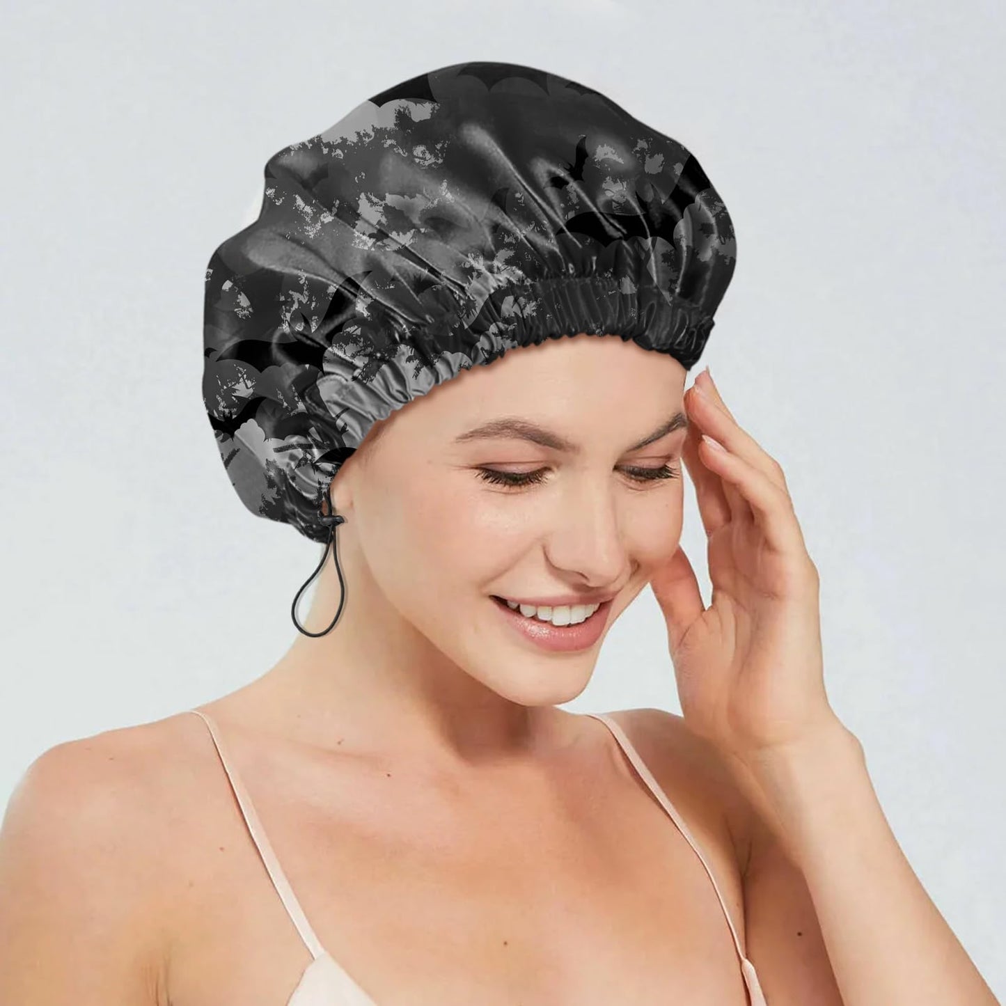 Cabreche 2 PCS Shower Cap Reusable Waterproof Double Layers Hair Caps Shower Bath Adjustable Elastic Hat for Women Girls Cute Aesthetic-Bat Sunflower