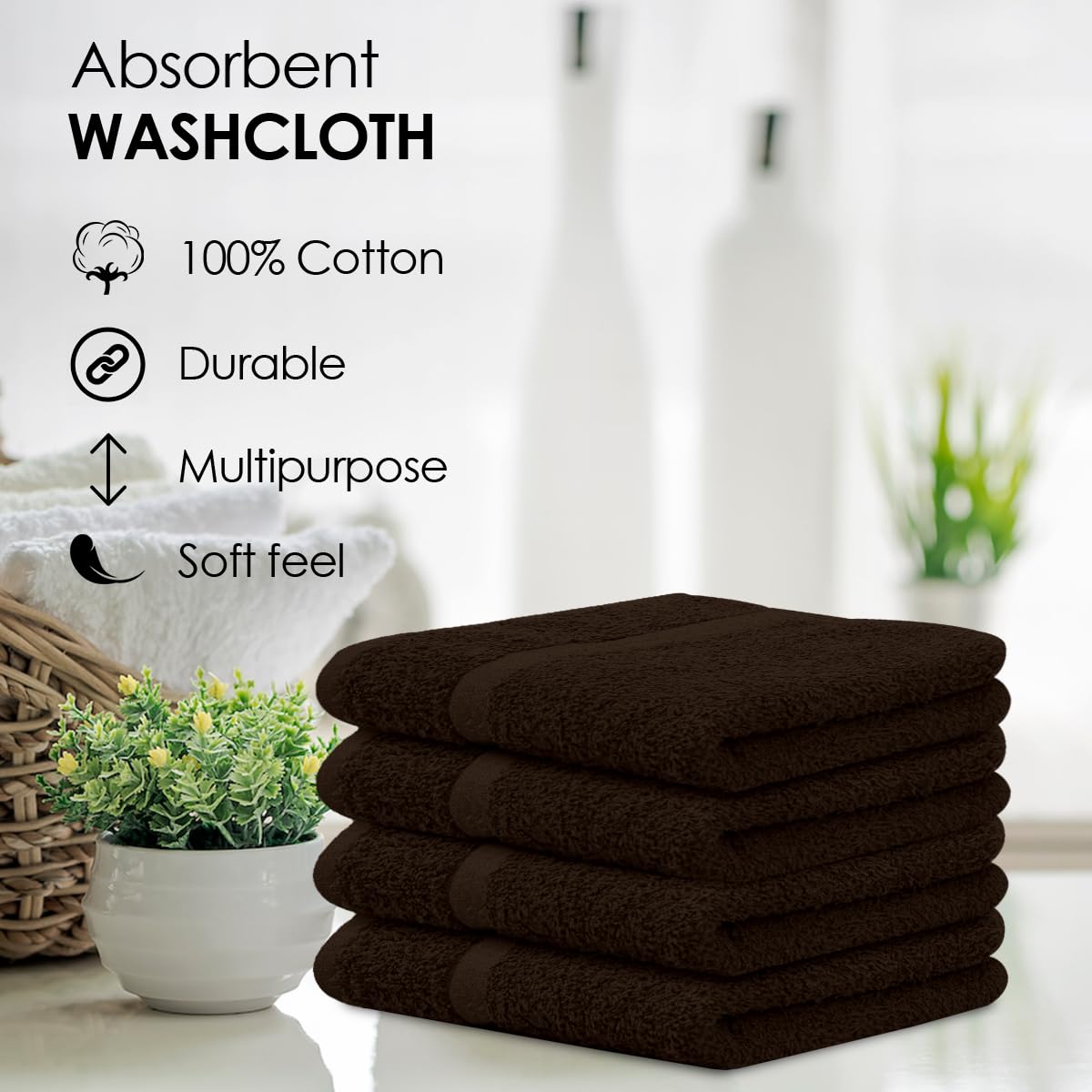Avalon Towels Cotton Washcloths – (Pack of 36) Size 12x12 Inches, 100% Ring Spun Cotton, Soft & Absorbent Face Towels, Gym Towels, Hotel and Spa Quality, Reusable Fingertip Towels (Brown)