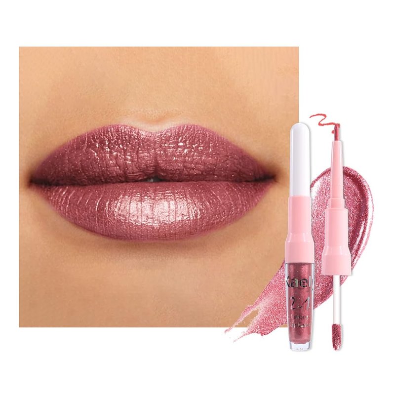 2-in-1 Mauve Metallic Lipstick & Lip Liner - Long-Lasting Waterproof Shimmer Lip Color | Vegan & Cruelty-Free