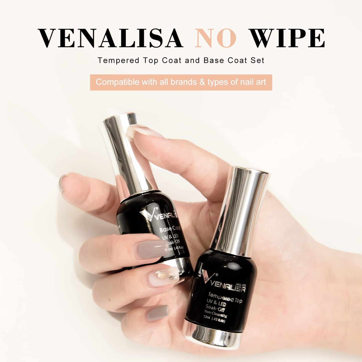 VENALISA 2 Pcs No Wipe Tempered Gel Top Coat and Base Coat Set Gel Nail Polish, Nail Gel Polish Nail Art Starter Manicure Salon DIY at Home