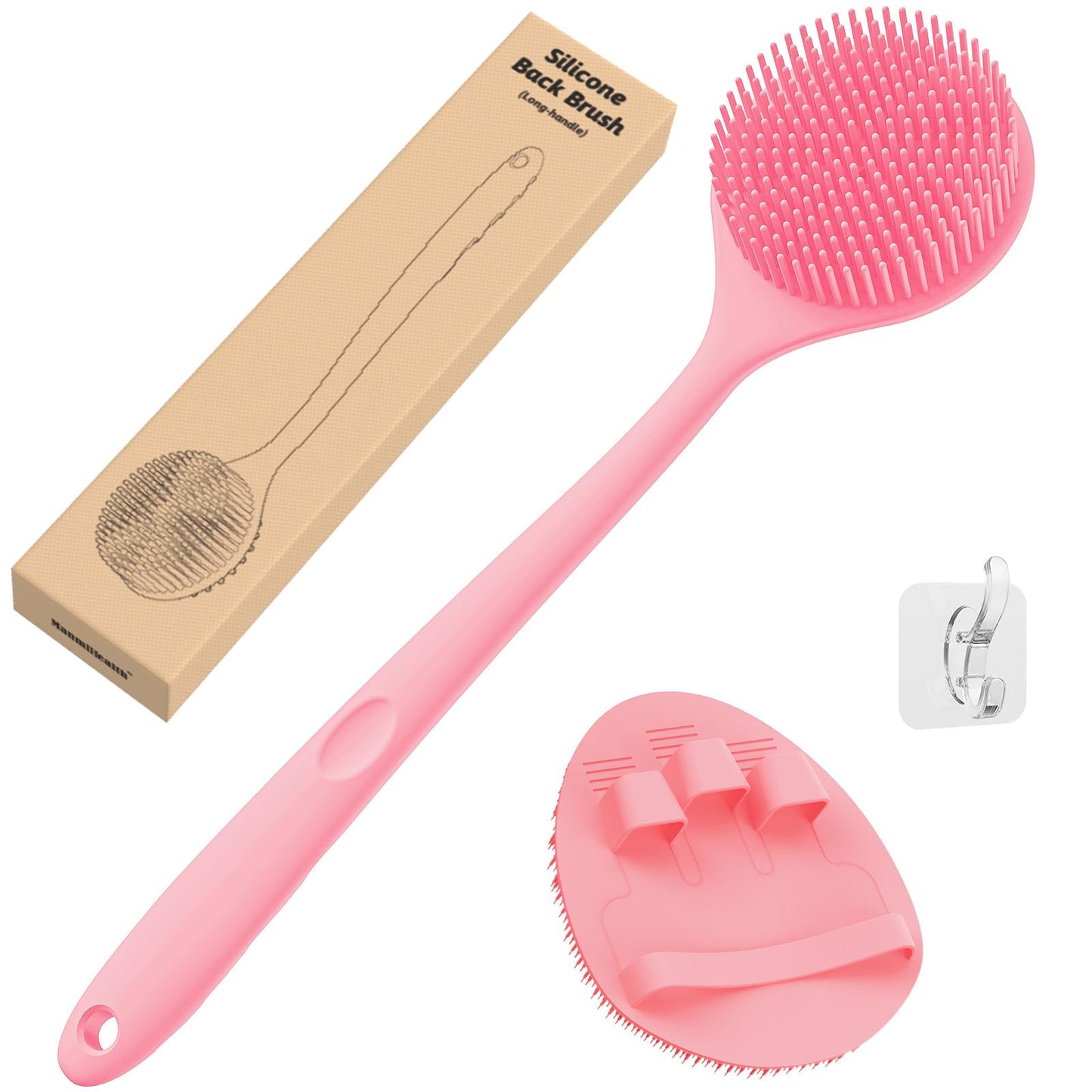 Manmihealth Silicone Back Scrubber& Soft Bath Glove Set, Super-Exfoliating Body Scrubber & Super-Lathering Shower Brush Combination, with a Free Hook.(Thin Bristles Pink)