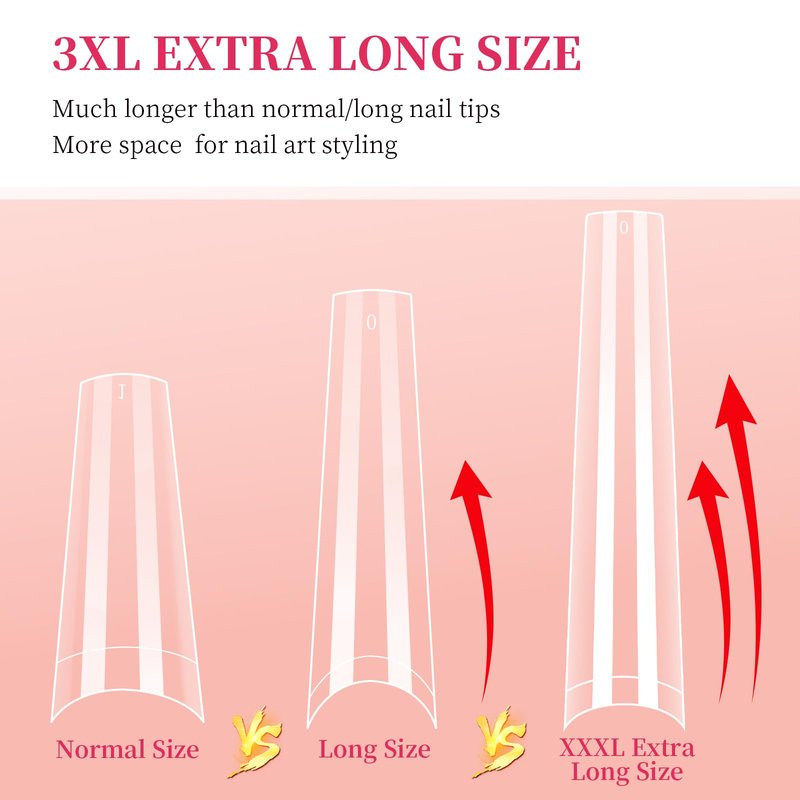 3XL NO C Curve Coffin Nail Tips for Acrylic Nails Professional, 504PCS Clear Extra Long Tapered Square Nail Tip, 12 Sizes Straight Press On Gel Nail Tips for Nail Salons Home DIY