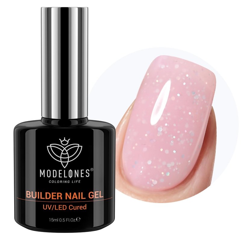 modelones Builder Nail Gel, 8-in-One Nude Pink Shimmer Builder, Glitter Sparkle Rainbow Nail Gel Polish, Jelly Pink Iridescent LED Lamp Cured Hard Rubber Color Base for Home DIY Salon Girls