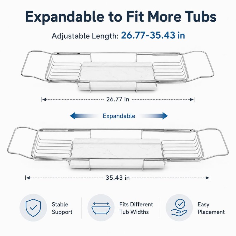 Expandable Bathtub Tray, Stainless Steel Bath Table Tray with Marble Board, Modern Luxury Bathtub Shelf for Bathrooms, Kitchen Sink (Silver+White)