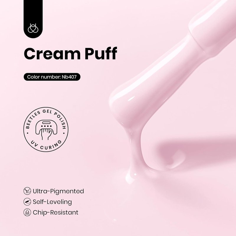 Beetles Pink Gel Polish - Hema Free Cream Puff 15ML Full Size/0.51Fl Oz, Pastel Light Pink Gel Nail Polish, Soak Off UV LED Lamp Nail Art, Long-Lasting Manicure Salon DIY Home Bright Summer Nails