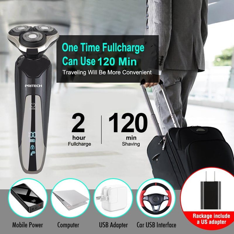 Electric Razor for Men - Waterproof Rechargeable Shaver | Cordless Wet/Dry with Nose & Sideburn Trimmer