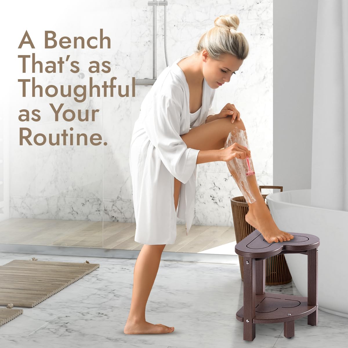UHA Corner Shower Stool for Inside Shower - Waterproof Corner Shower Bench, HDPE Plastic Bathroom Bench, Adjustable Height Corner Chair for Shaving Legs,Storage Shelf,Non-Slip Feet， Coffee