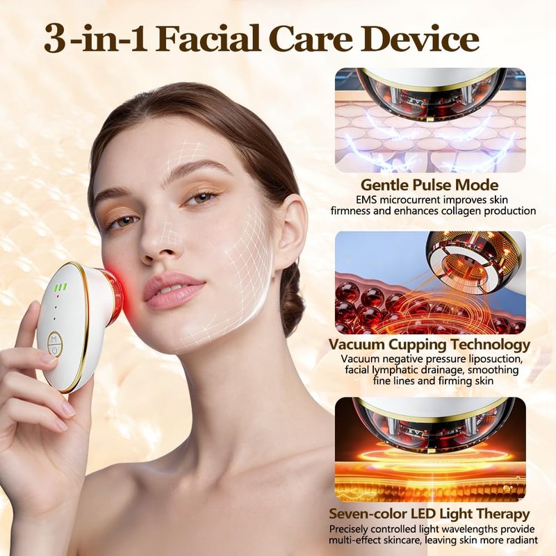 Facial Cupping Set for Face, 3 in 1 Microcurrent Facial Device, 7 Color LED Lymphatic Drainage Massager for Face Skin Tightening & Depuffing, Double Chin Reducer