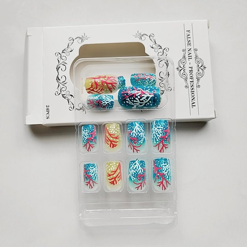 CEWEWP Ocean Press on Nails Medium Square Fake Nails with Red Coral Design Glossy False Nail Summer Acrylic Nails Kit with Jelly Glue Reusable Full Cover Stick on Nails for Women 24Pcs