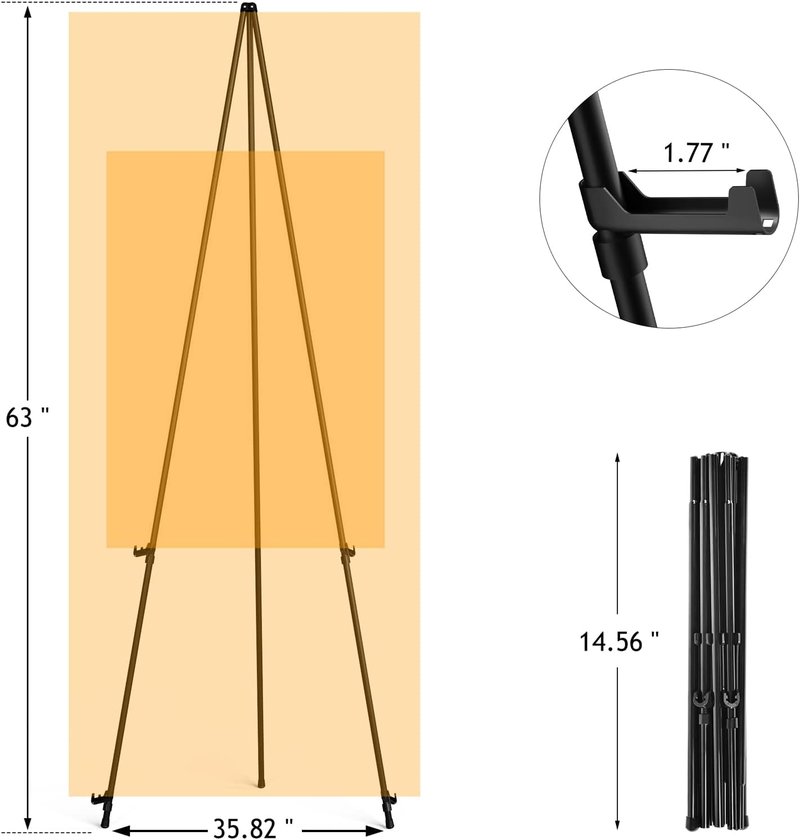 Display Easel Stand - 63” Collapsible Tripod for Weddings | Sturdy Metal Adjustable Floor Easel - Black
