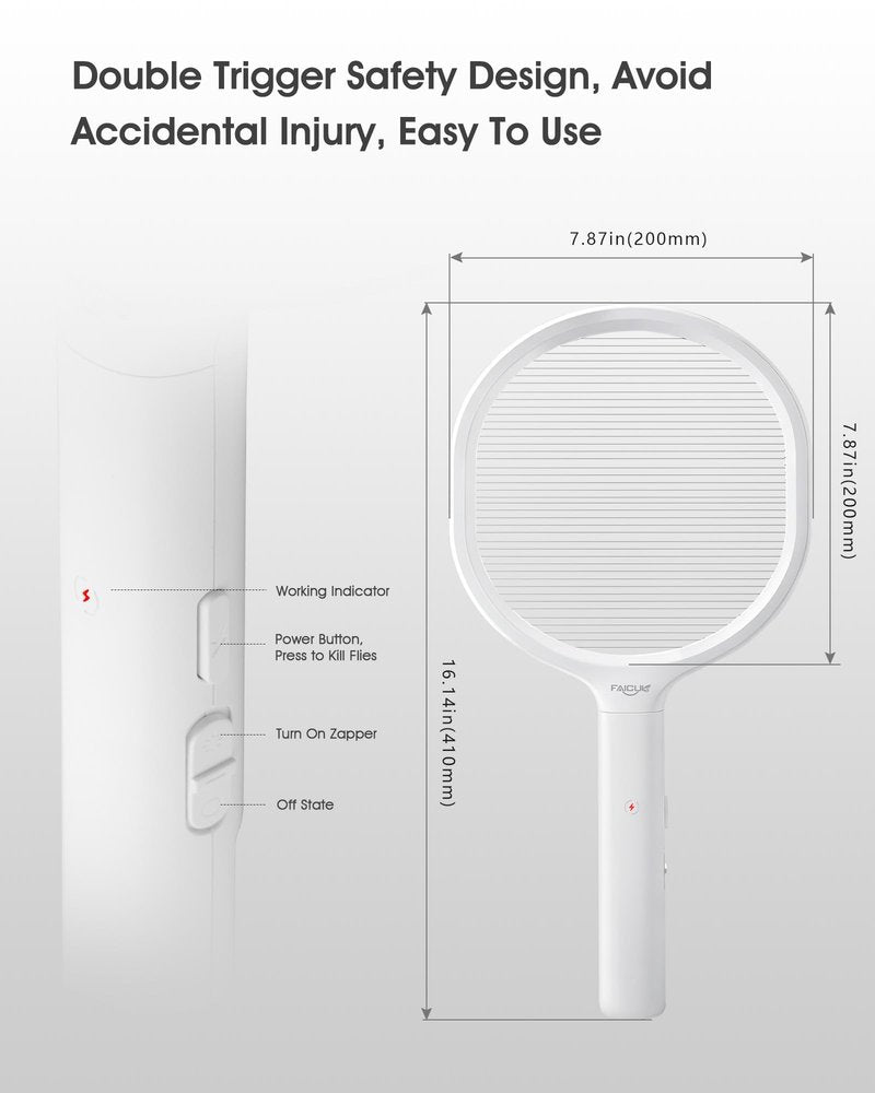 Faicuk Single Layer Grid Electric Fly Swatter High Efficiency Bug Zapper Racket for Wasps, Large Bees, Hornets, Yellow Jackets, Moths, Big Flying Insects, for Indoor Outdoor Use (White + Black)
