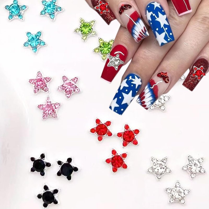 250th Anniversary Nail Charms - 24Pcs Red, White & Blue Star Rhinestone Gems for Patriotic Nail Art