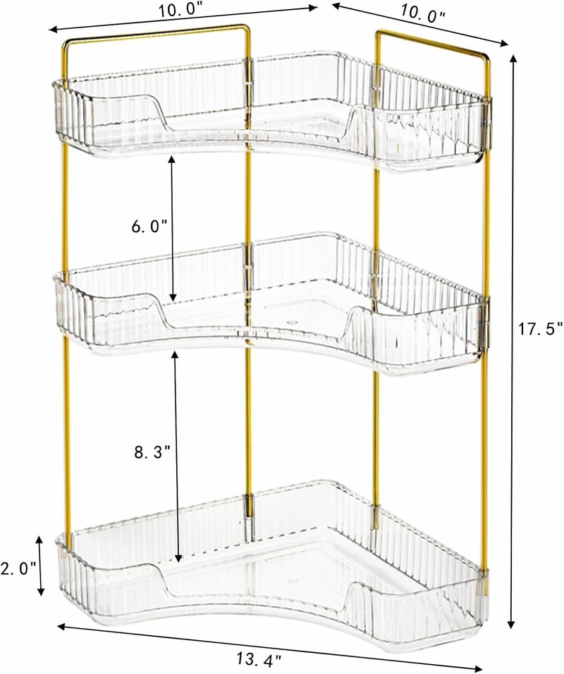 Cididu 3-Tier Corner Bathroom Organizer - Clear Countertop Shelf with Gold Metal Pole | Skincare & Perfume Storage