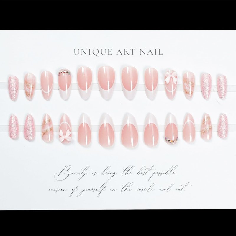 French Tip Press-On Nails - 24pcs Medium Almond with 3D Bow & Glitter Rhinestones | Reusable Full Cover Nail Art for Women