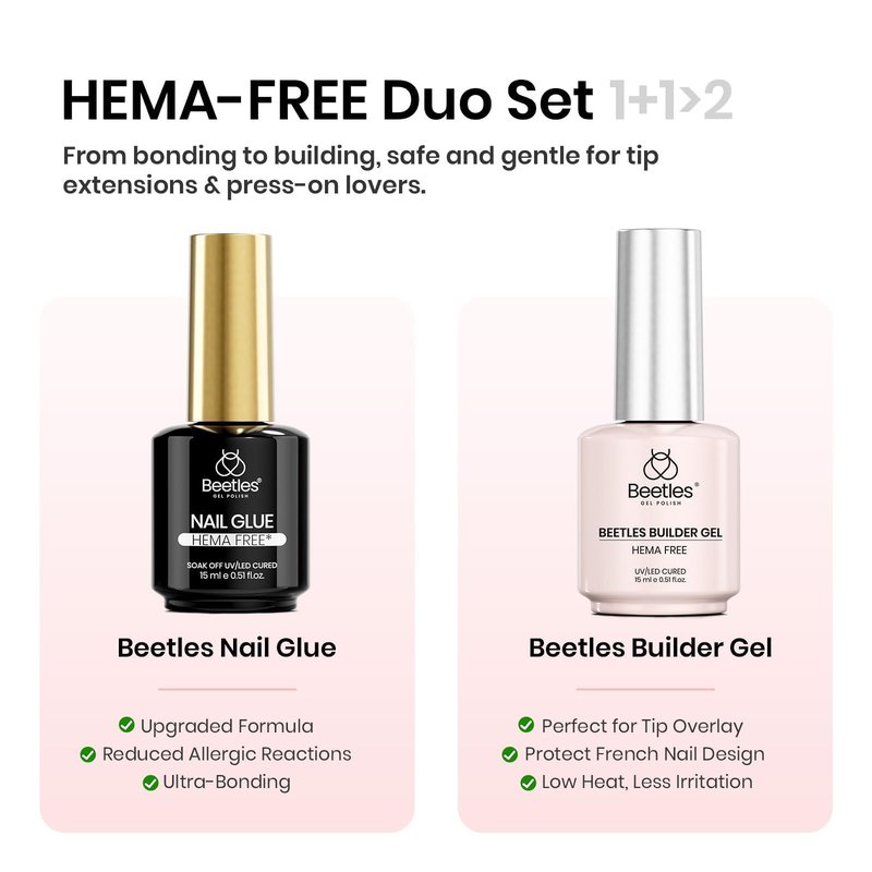 Beetles 2Pcs 15ml HEMA-Free Nail Glue Builder Nail Gel Set, Clear Builder for Nail Strengthener Thickening Building Apex Extension for Beginners & DIY Salon Manicure Gift for Women, U V Light Required