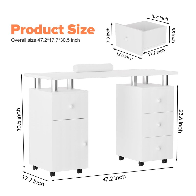Lavoker 47 Inch Manicure Table Nail Station Desk for Nail Tech with Drawers/Wrist Pad/Lockable Wheels Salon Spa Beauty Bar Technician, White