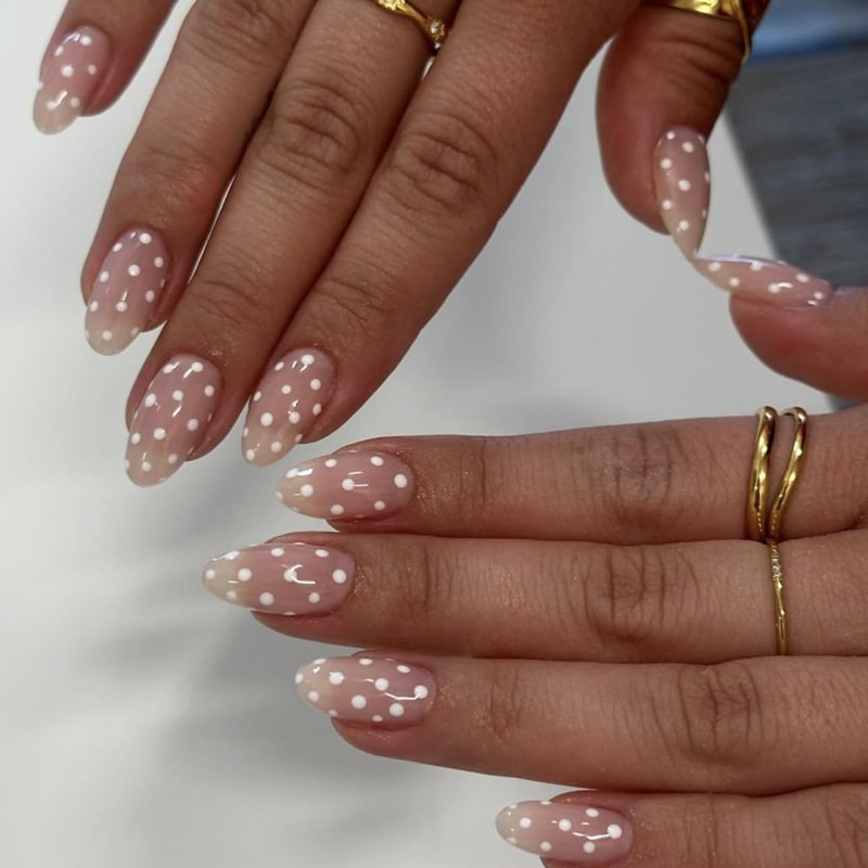 Polka Dot Press-On Nails - Short Almond Fake Nails with White Dots | Glossy Finish | 30 Pcs Set