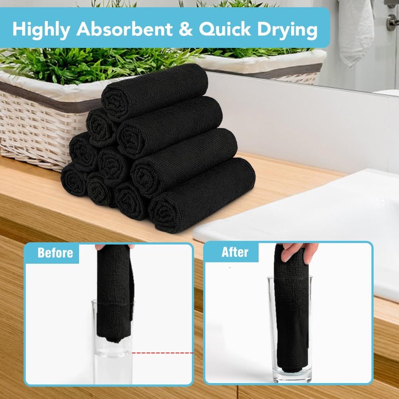 Orighty Microfiber Washcloths 20 Pack – Soft, Quick-Dry Face & Hand Towels for Travel, Gym, Spa, Hotel, 11.5"x11.5", Black