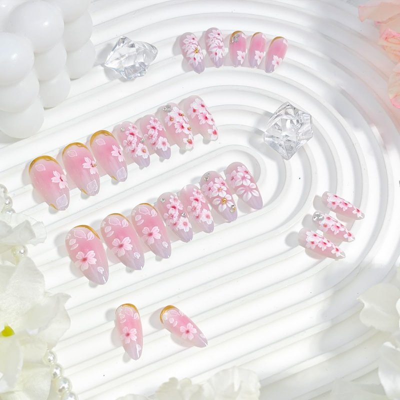24Pcs Pink Flower Press on Nails Medium Almond Fake Nails Spring Peach Blossom with Rhinestones Gold Beads Glitter Design Cute Floral Full Cover Glue on Nails Acrylic False Nails for Women Manicure