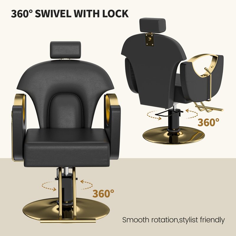 Reclining Salon Barber Chair,Reclining Styling Chair for Hair Stylist,Hair Salon Chair with Heavy Duty Hydraulic Pump, Adjust Height 360°Swivel for Home Barbershop,Unique Headrest Design (Black)