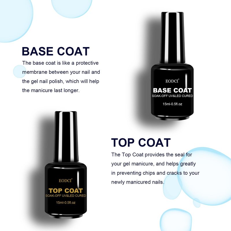 eodci 2Pcs 15ml No Wipe Base Top Coat Set, Shine Finish Soak Off Gel Base Top Coat Long Lasting LED Nail Lamp for Gel Nail Polish Salon Quality Nail Manicure Gifts