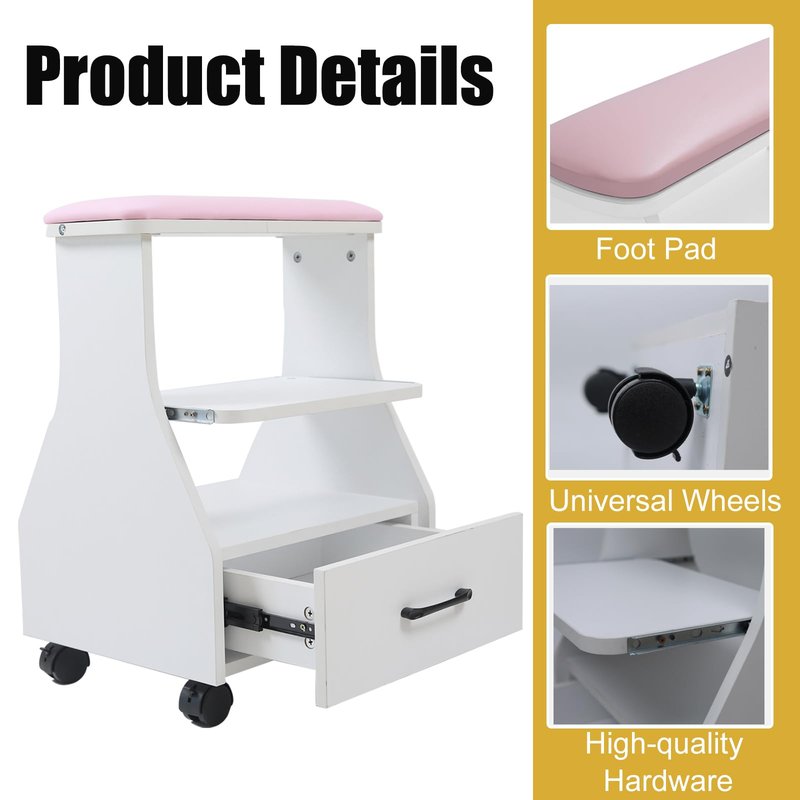 Rindaix Portable Pedicure Foot Rest with Wheels, Pedicure Stool, Trolley for Foot Bath, Spa Cart, Nail Stand, Manicure Furniture for Beauty Salon or Nail Tech Spa, Massage Station (Pink)